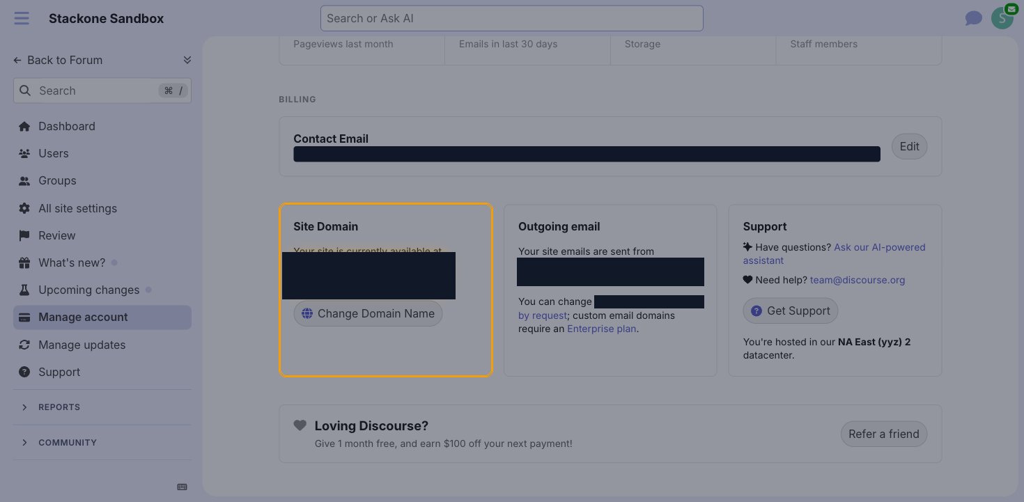The Manage account page with the Site Domain panel highlighted