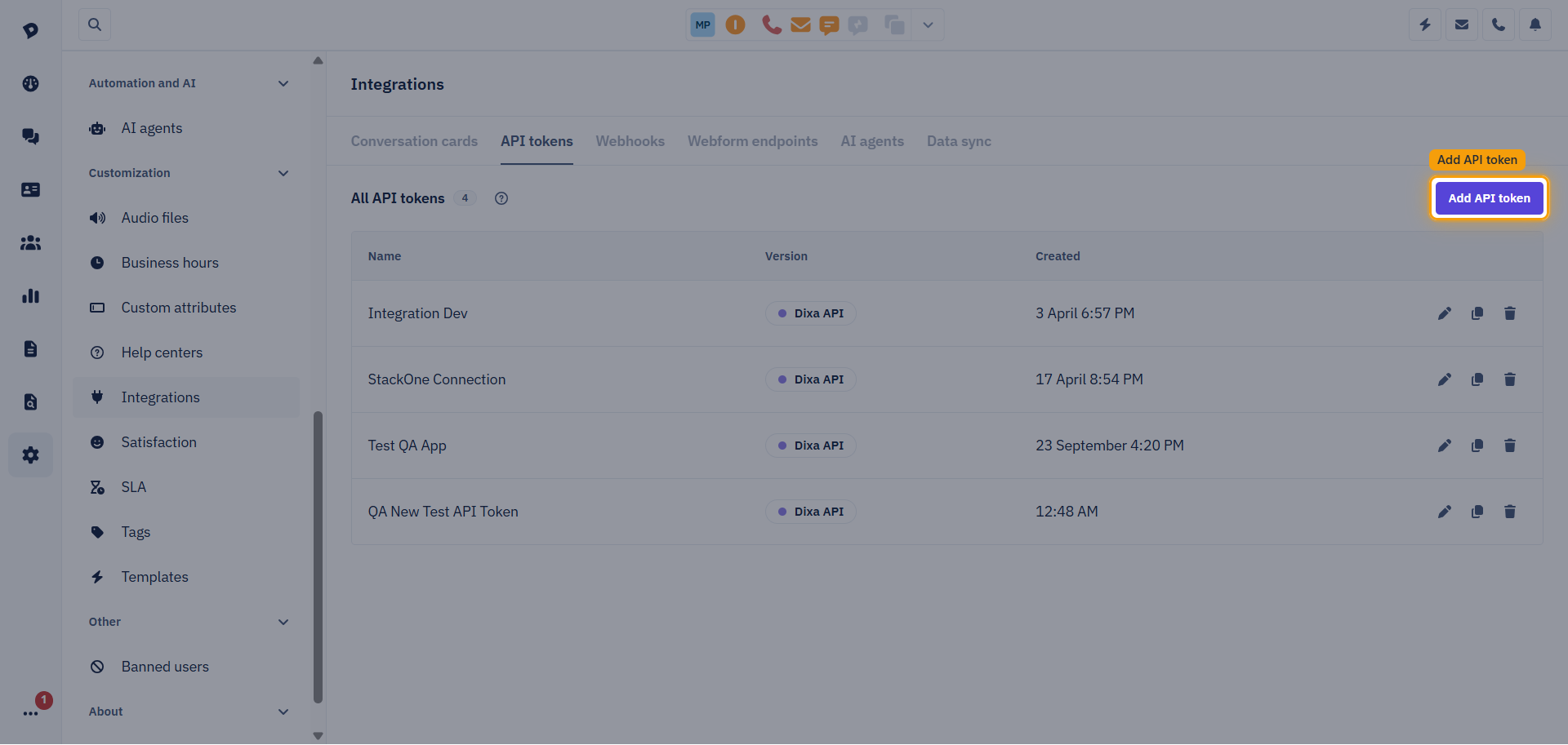 Dixa All API tokens list with the Add API token button highlighted