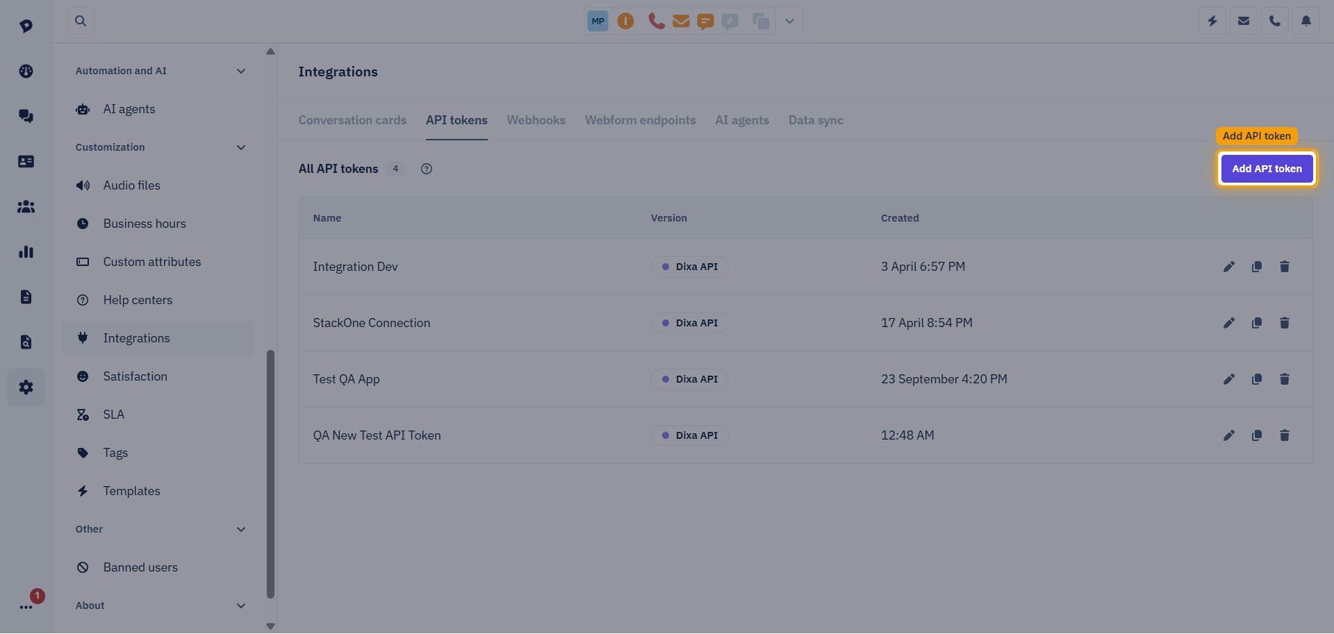 Dixa All API tokens list with the Add API token button highlighted