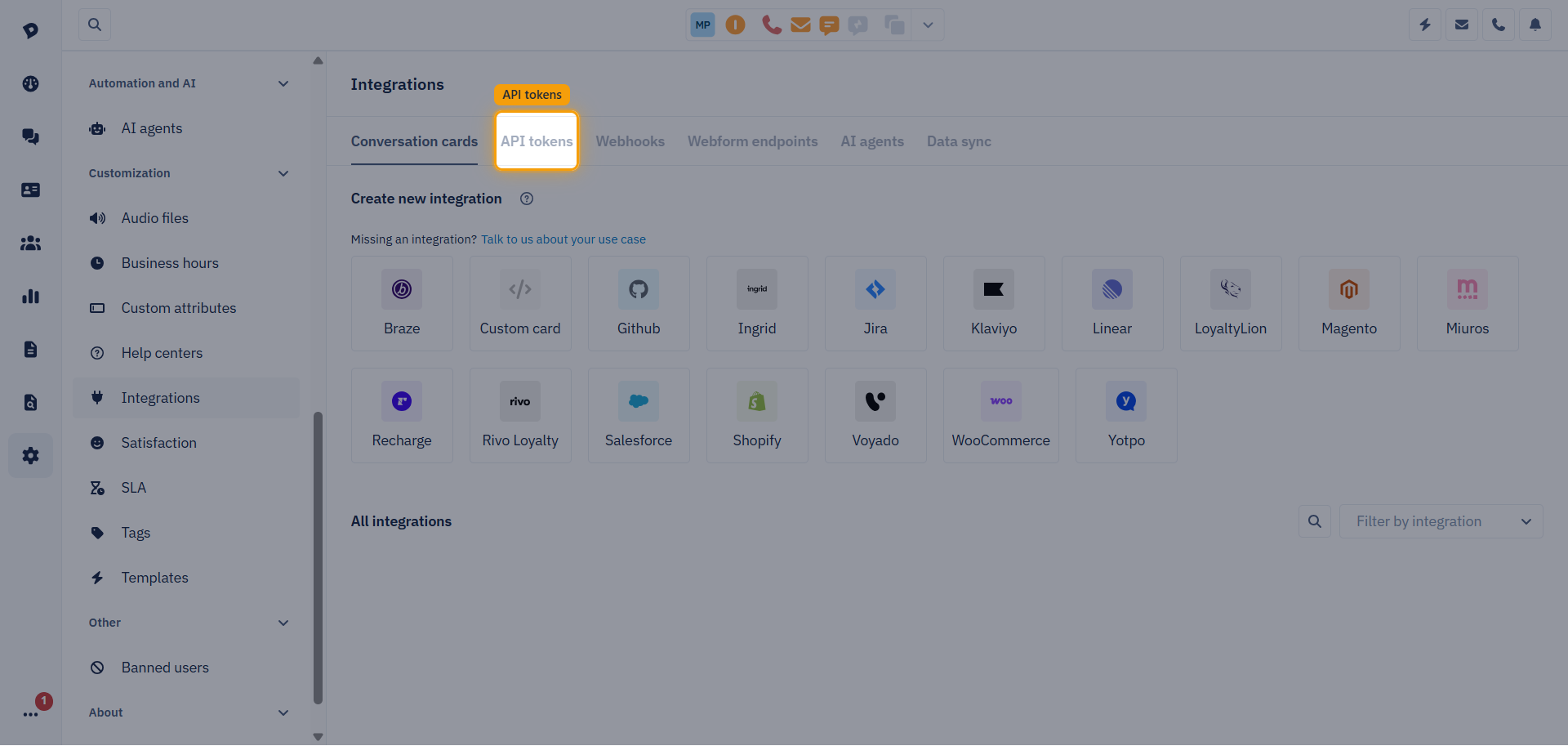 Dixa Integrations page with the API tokens tab highlighted