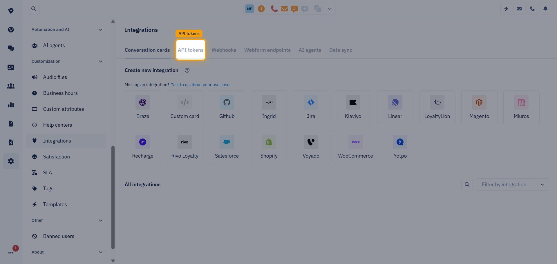 Dixa Integrations page with the API tokens tab highlighted