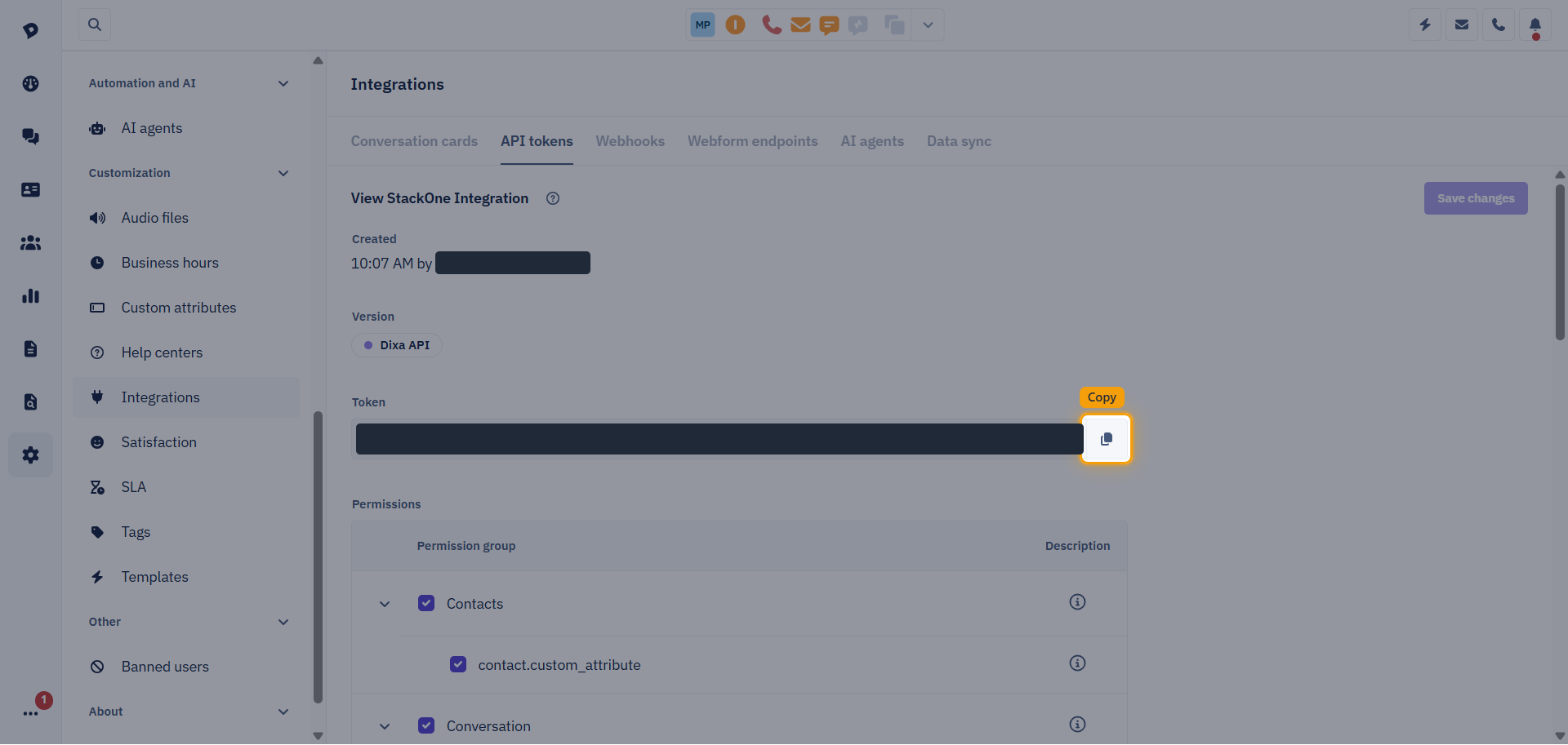 Dixa View token page with the token value hidden and the copy icon highlighted