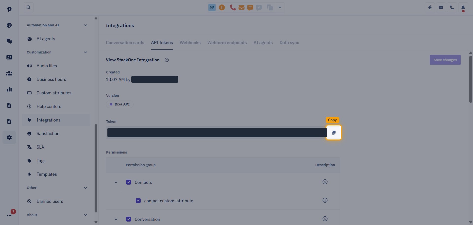 Dixa View token page with the token value hidden and the copy icon highlighted