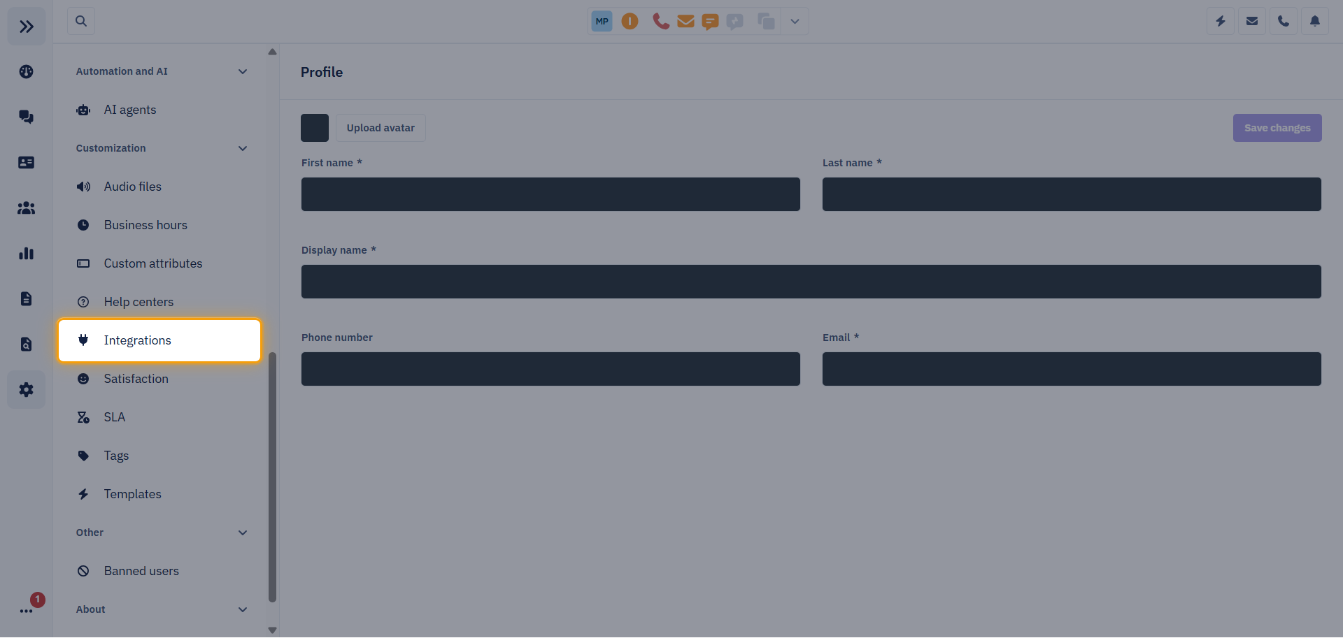 Dixa Settings menu with Integrations highlighted under Customization