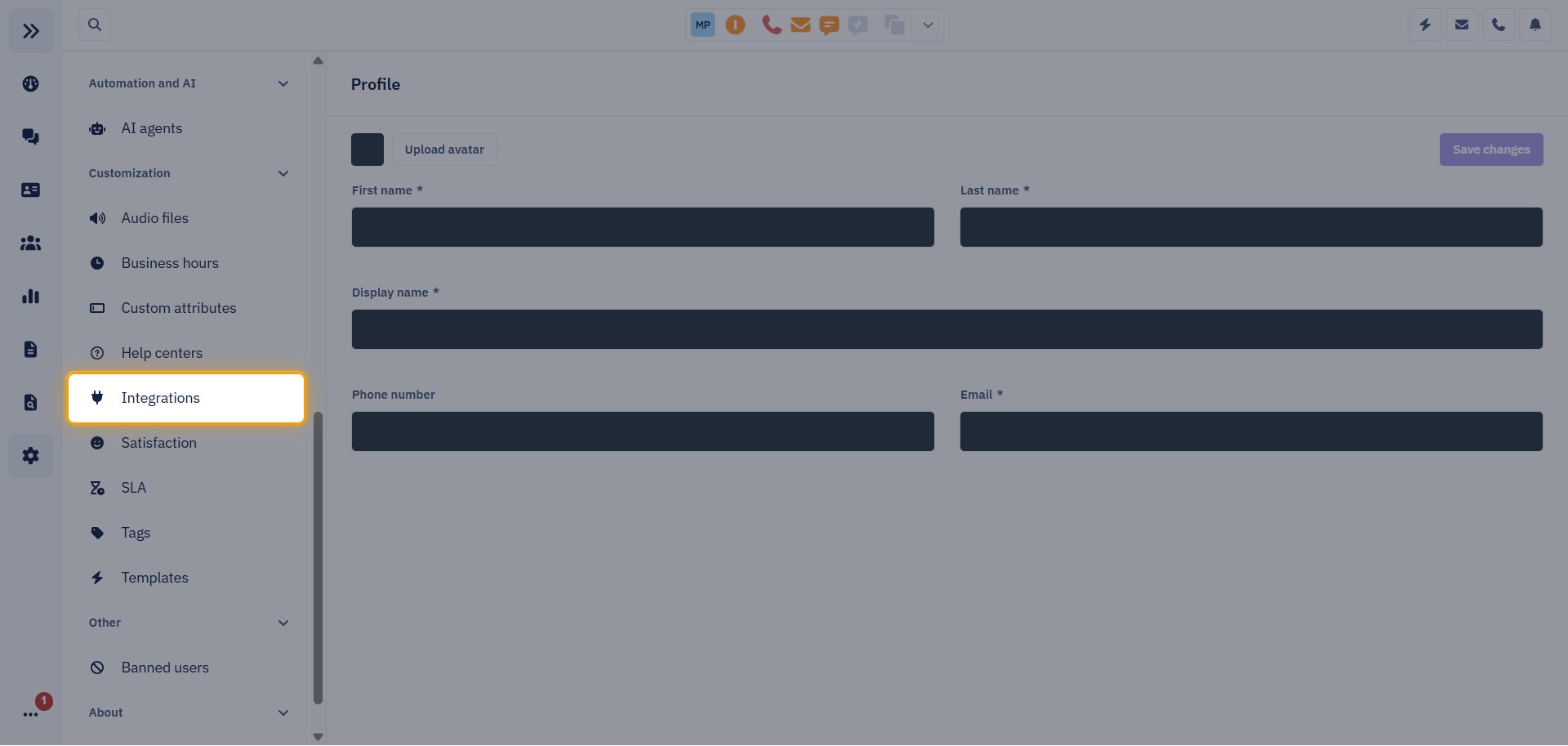Dixa Settings menu with Integrations highlighted under Customization