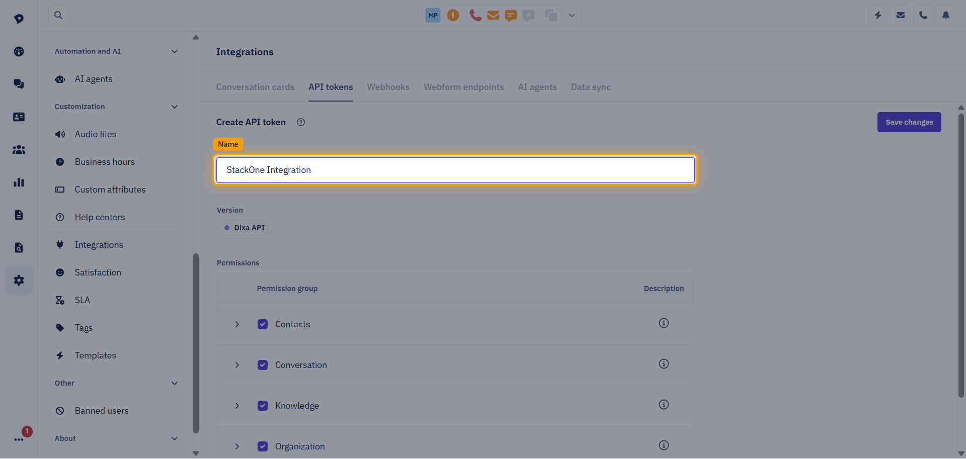 Dixa Create API token page with the Name field highlighted