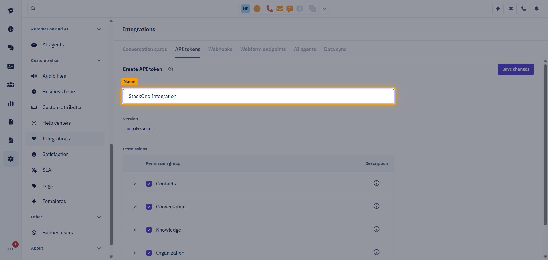 Dixa Create API token page with the Name field highlighted