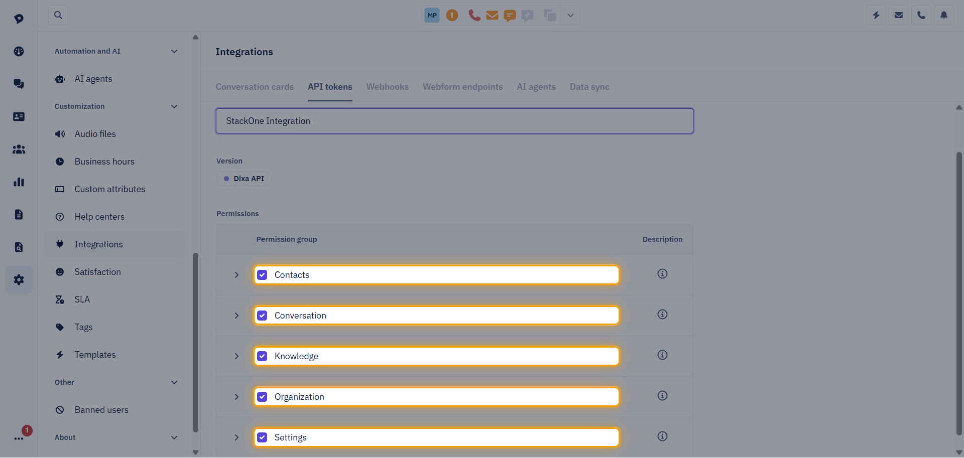 Dixa Permissions table with the Contacts, Conversation, Knowledge, Organization, and Settings groups selected