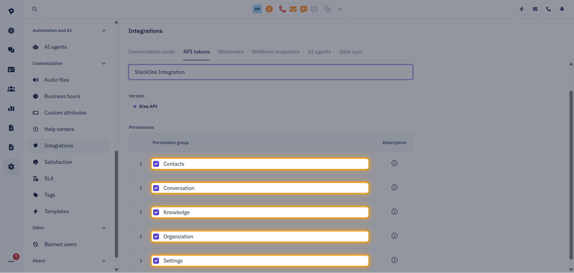Dixa Permissions table with the Contacts, Conversation, Knowledge, Organization, and Settings groups selected