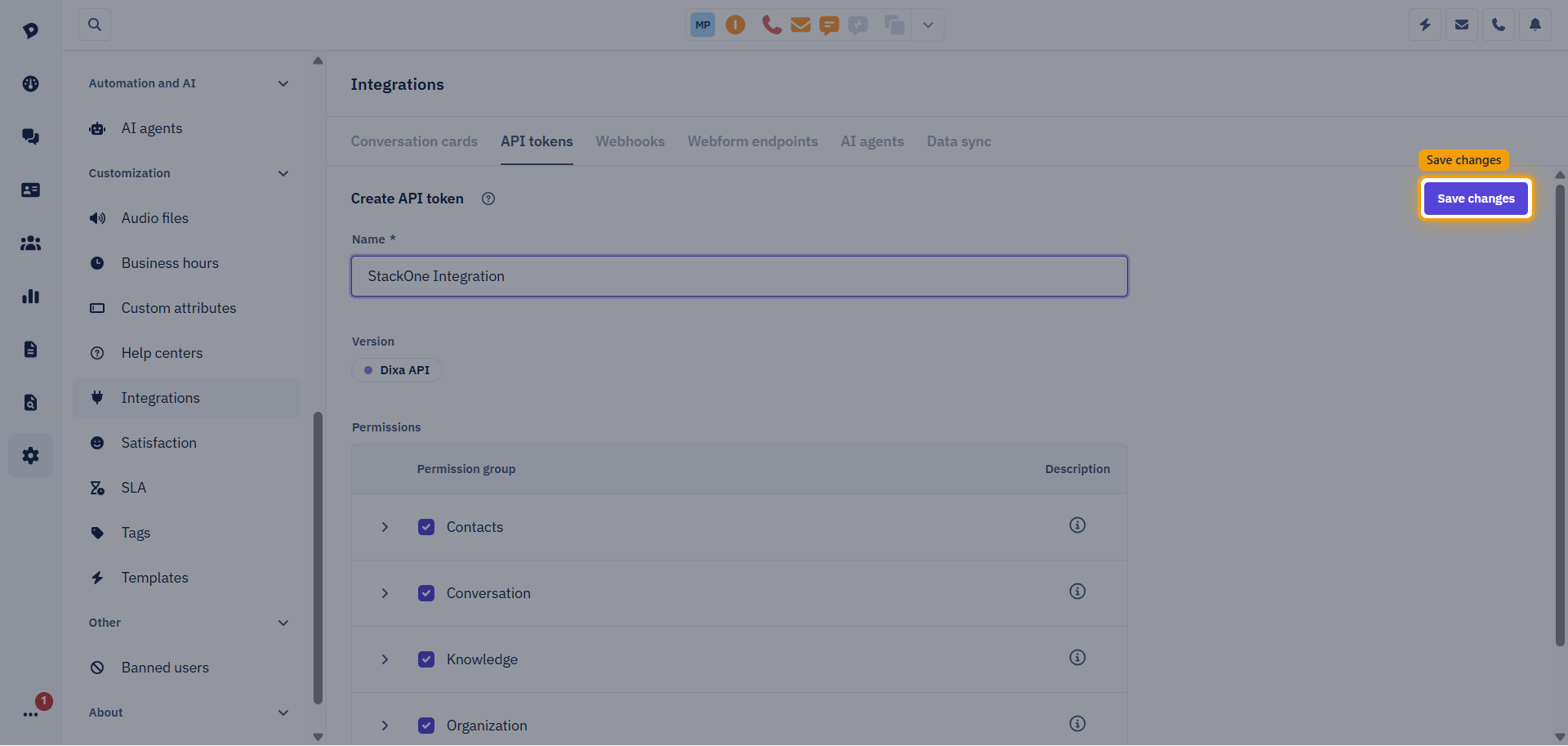Dixa Create API token page with the Save changes button highlighted