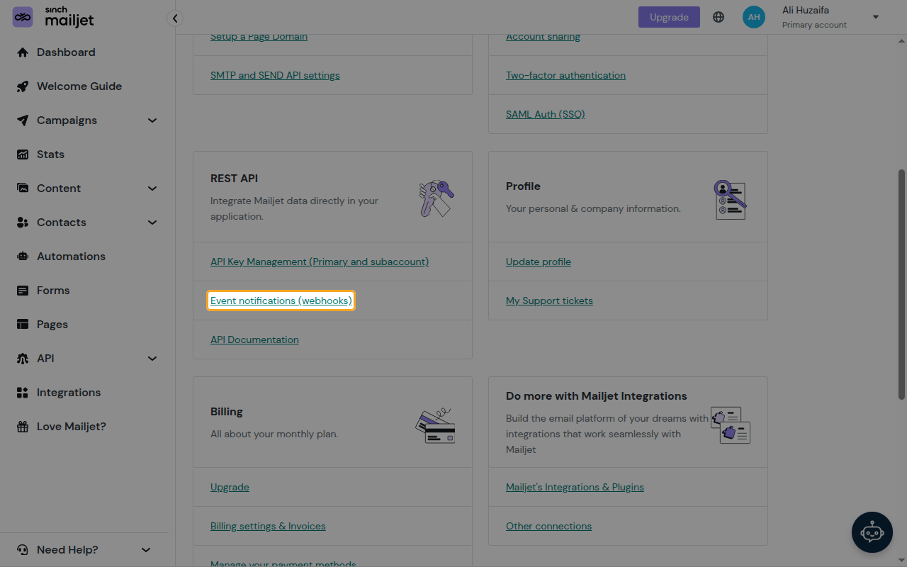 The Account Information page with Event notifications (webhooks) highlighted in the REST API card.