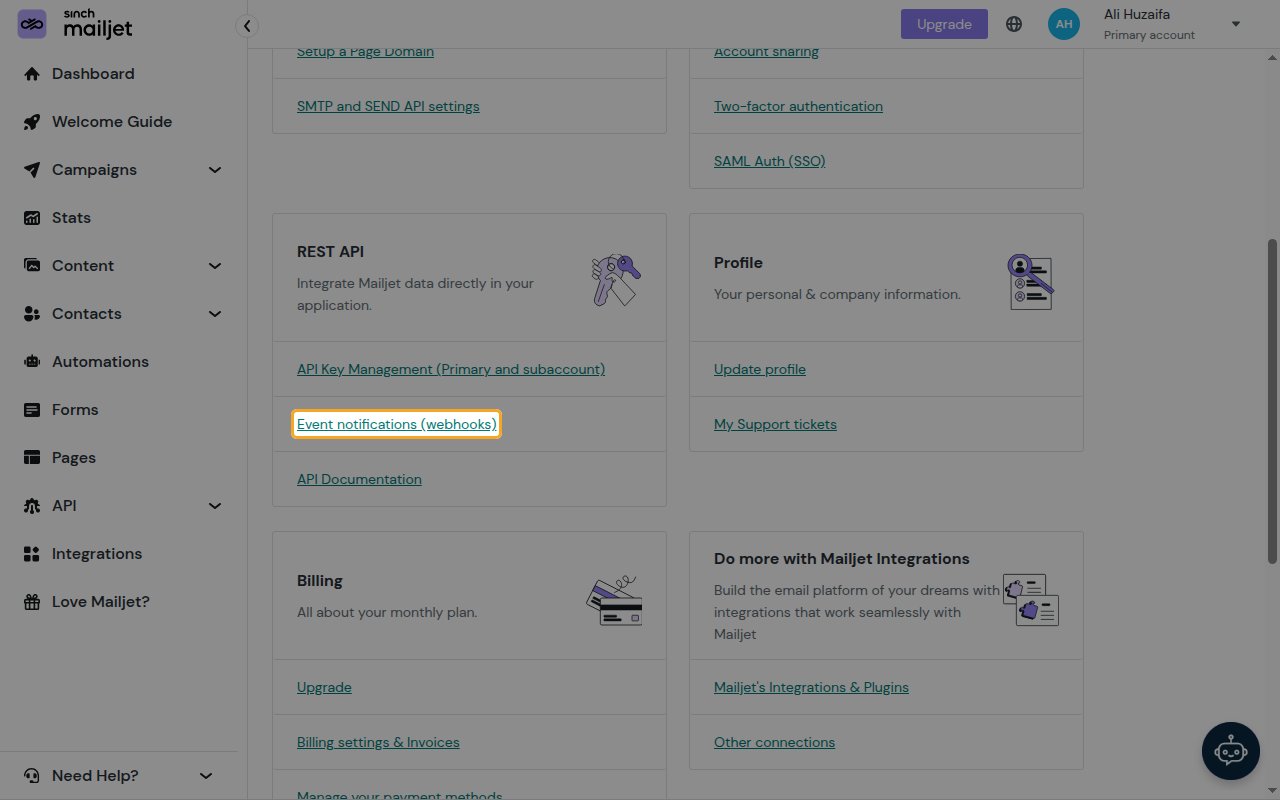 The Account Information page with Event notifications (webhooks) highlighted in the REST API card.