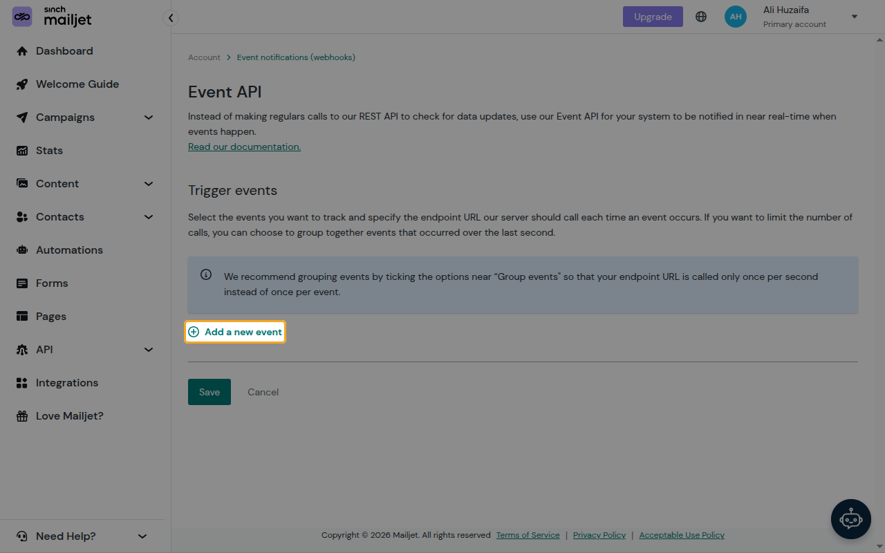 The Event API page with the Add a new event button highlighted.