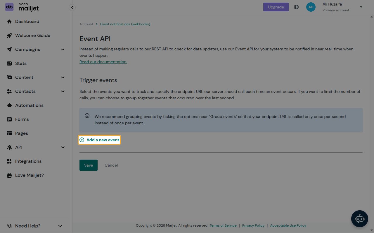 The Event API page with the Add a new event button highlighted.