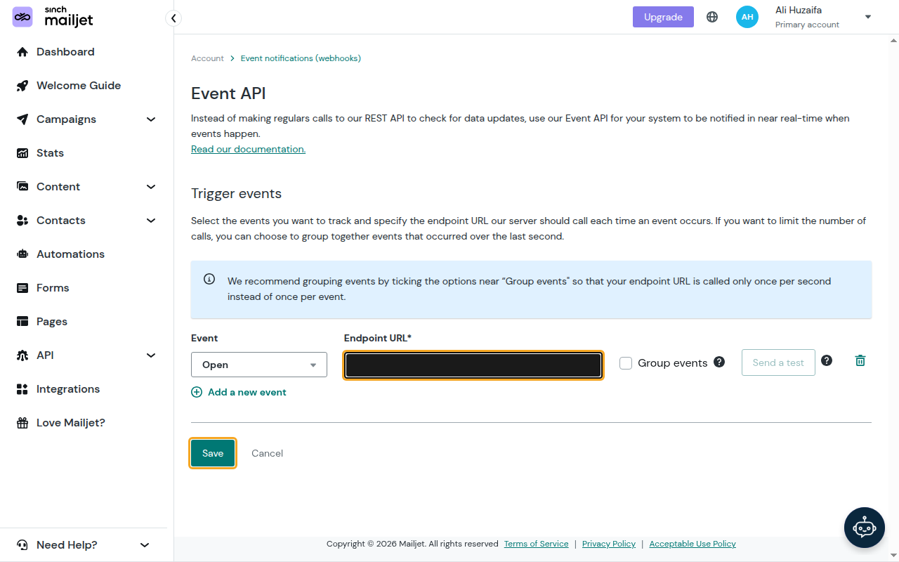 An event row on the Event API page with the Endpoint URL field (value redacted) and the Save button highlighted.