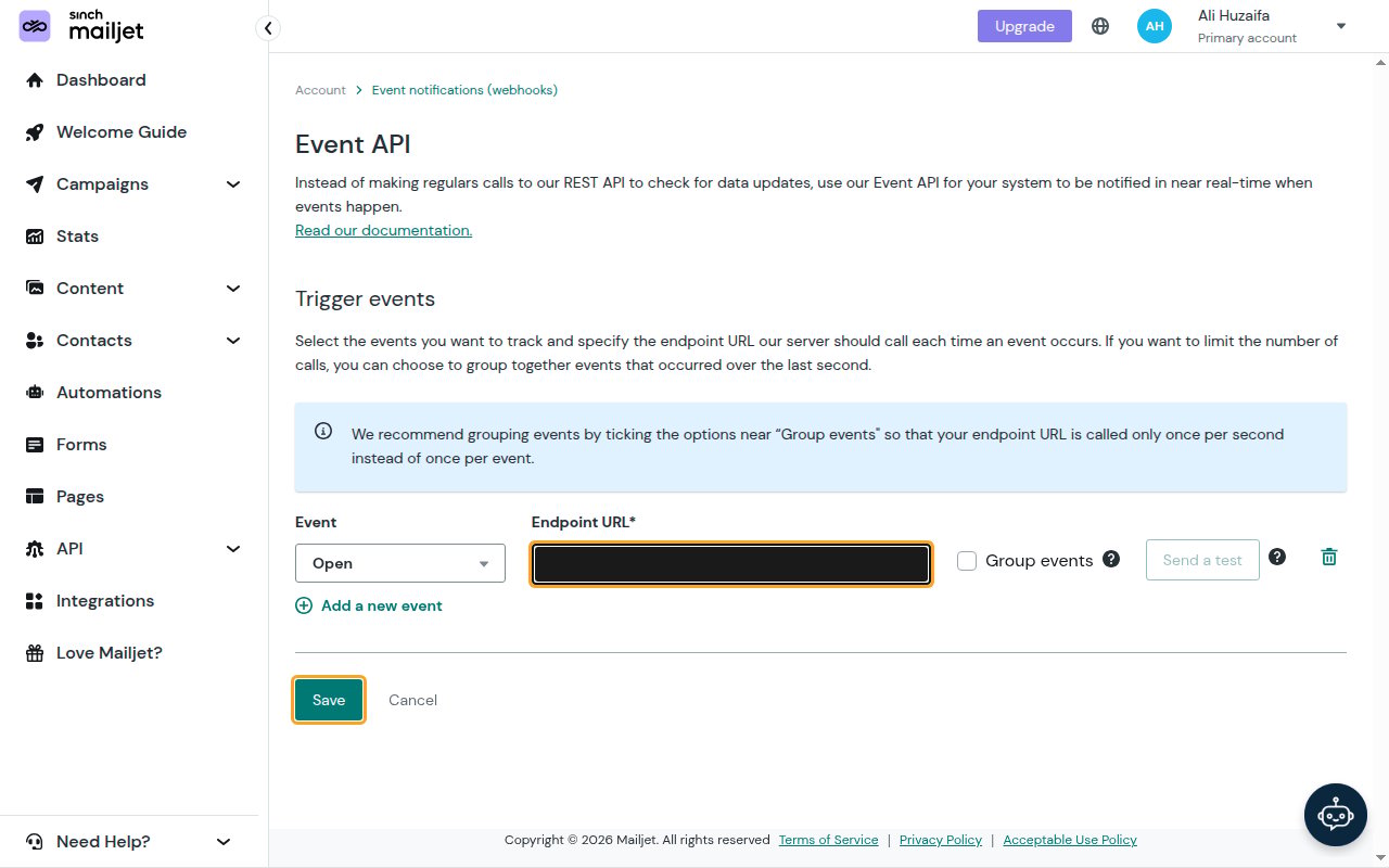 An event row on the Event API page with the Endpoint URL field (value redacted) and the Save button highlighted.