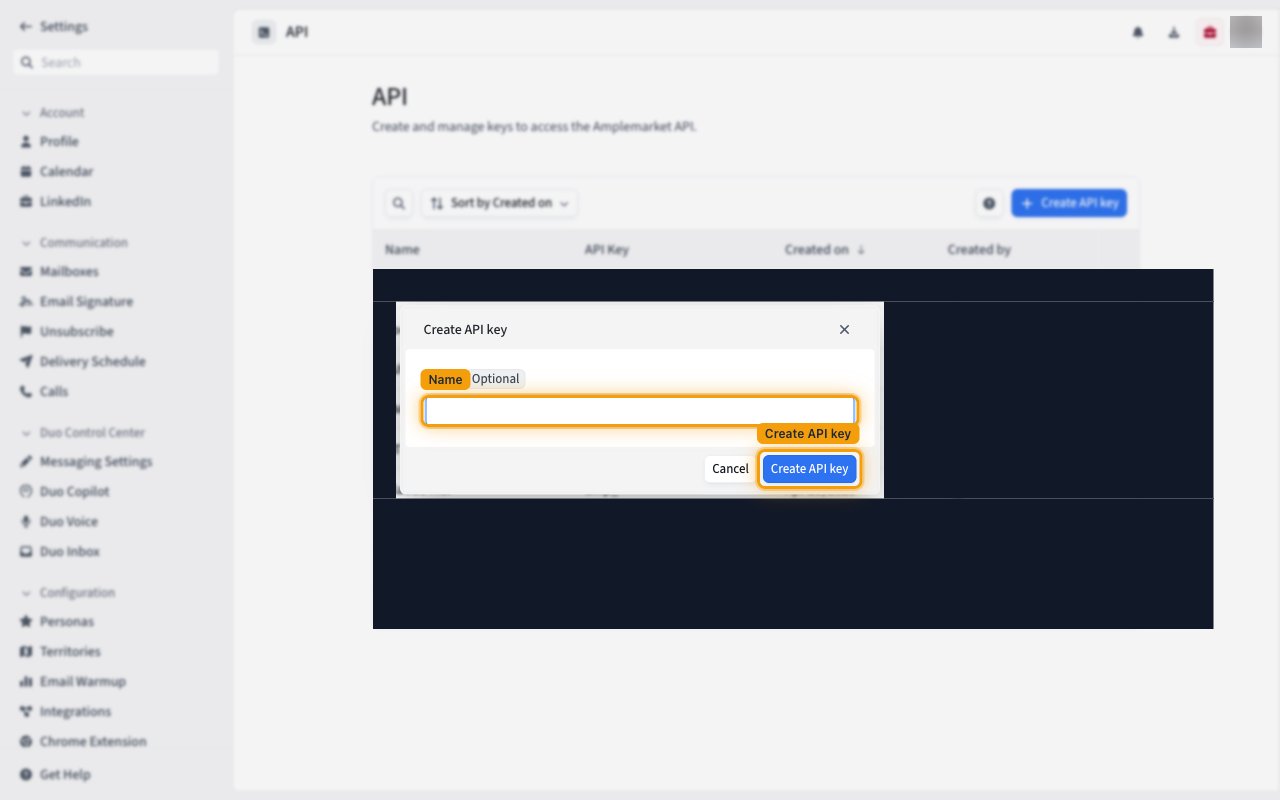 Amplemarket Create API key dialog with the Name field and Create API key button highlighted