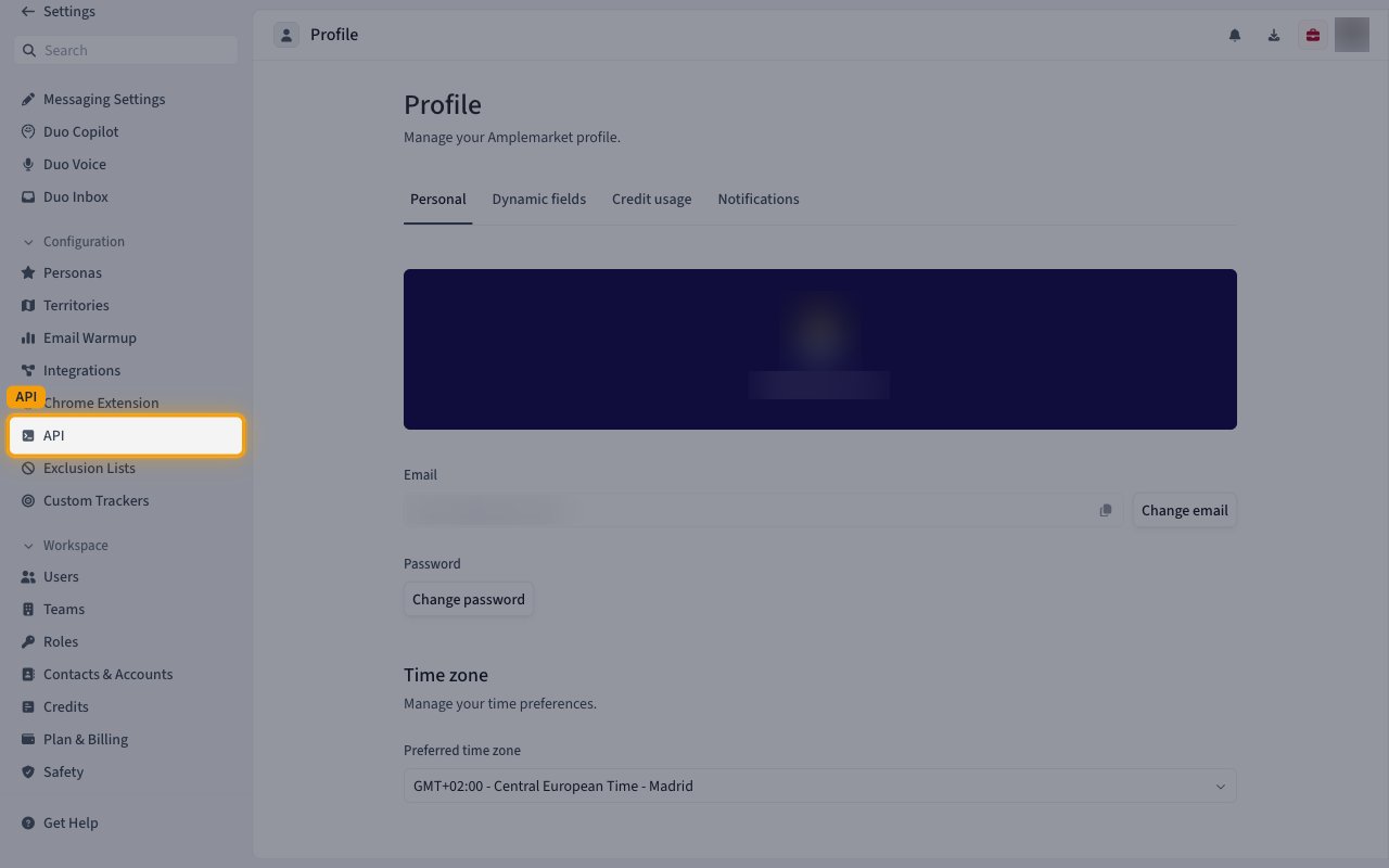 Amplemarket Settings sidebar with the API item under Configuration highlighted