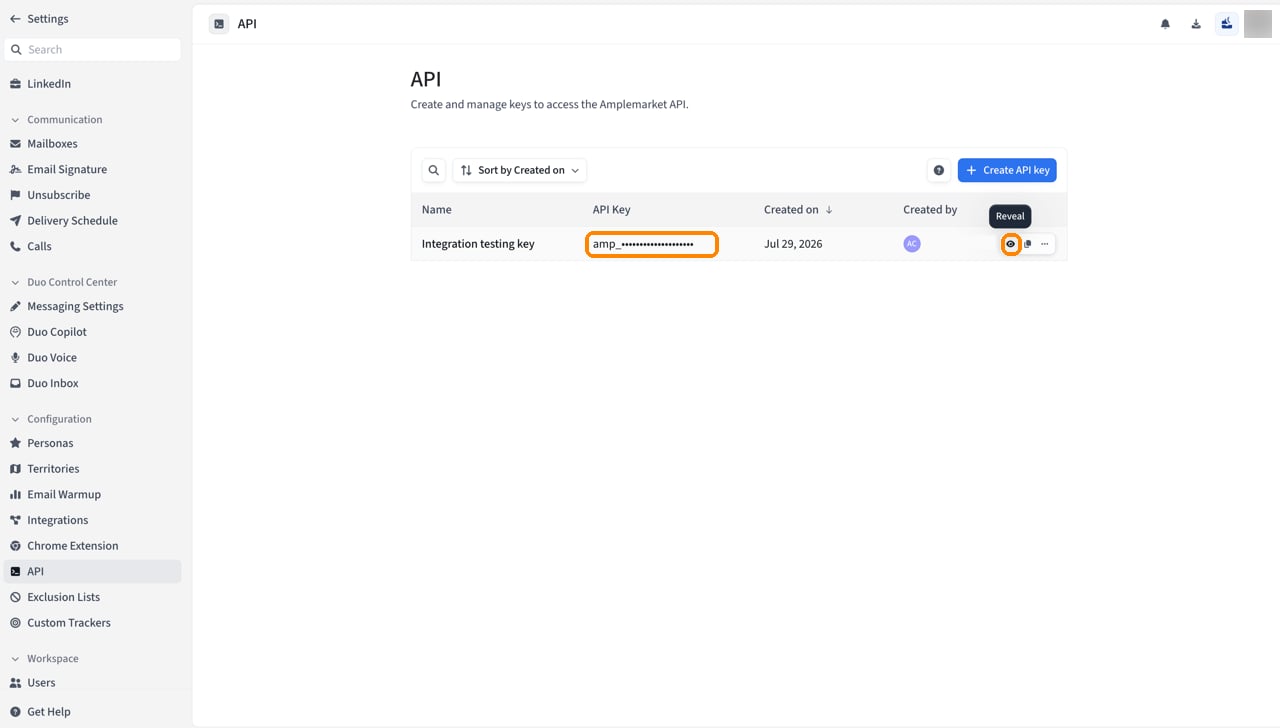 Amplemarket API key row with the masked key value and the eye (reveal) icon highlighted