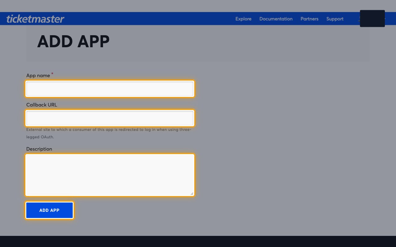 The Add App form in the Ticketmaster developer portal with the App name, Callback URL and Description fields and the ADD APP button highlighted
