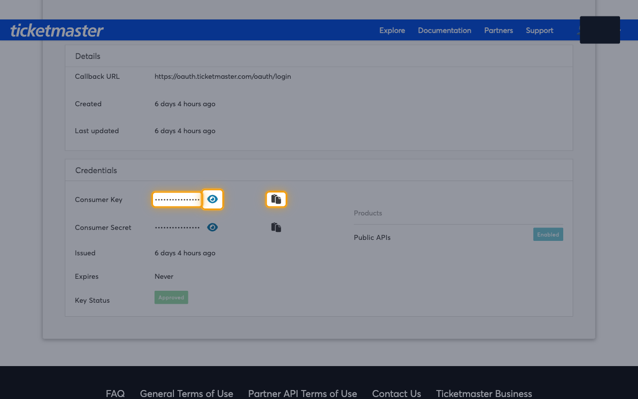 The Credentials panel of a Ticketmaster developer app with the masked Consumer Key value, the Toggle key visibility eye button and the Click to copy button highlighted