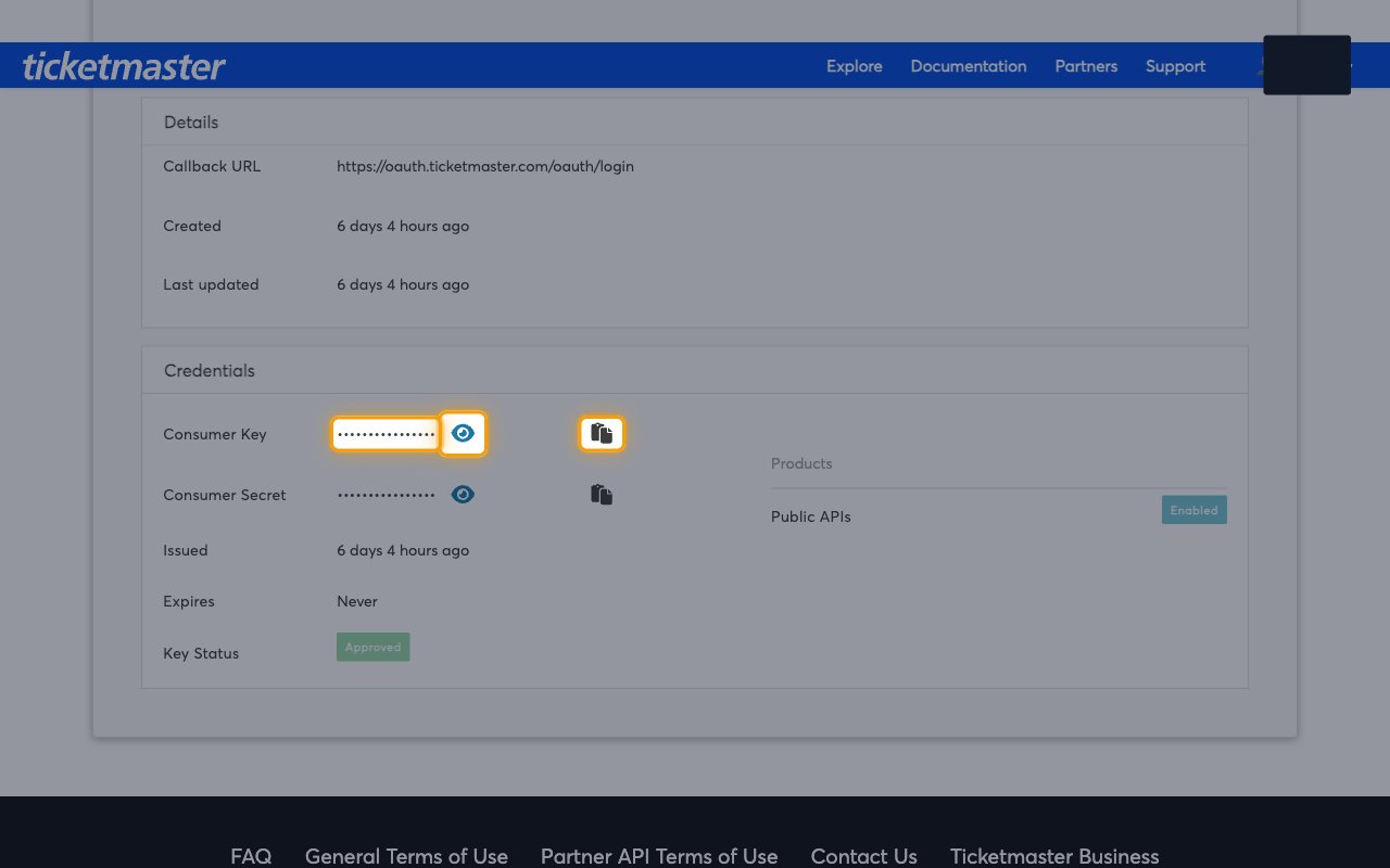 The Credentials panel of a Ticketmaster developer app with the masked Consumer Key value, the Toggle key visibility eye button and the Click to copy button highlighted