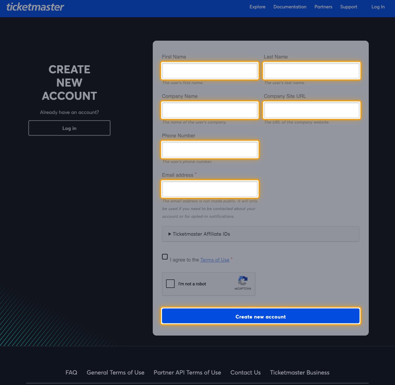 The Create New Account form on the Ticketmaster developer portal with the name, company, phone, email fields and the Create new account button highlighted