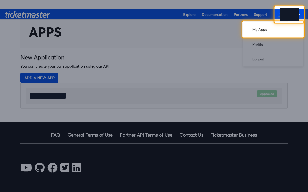 The account menu open in the Ticketmaster developer portal header with My Apps, Profile and Logout listed, and My Apps highlighted