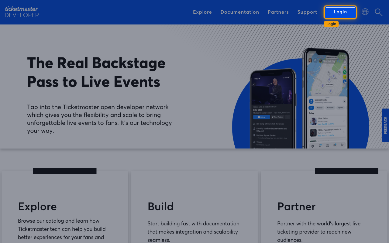 The Ticketmaster Developer Portal home page with the Login button highlighted in the top navigation bar
