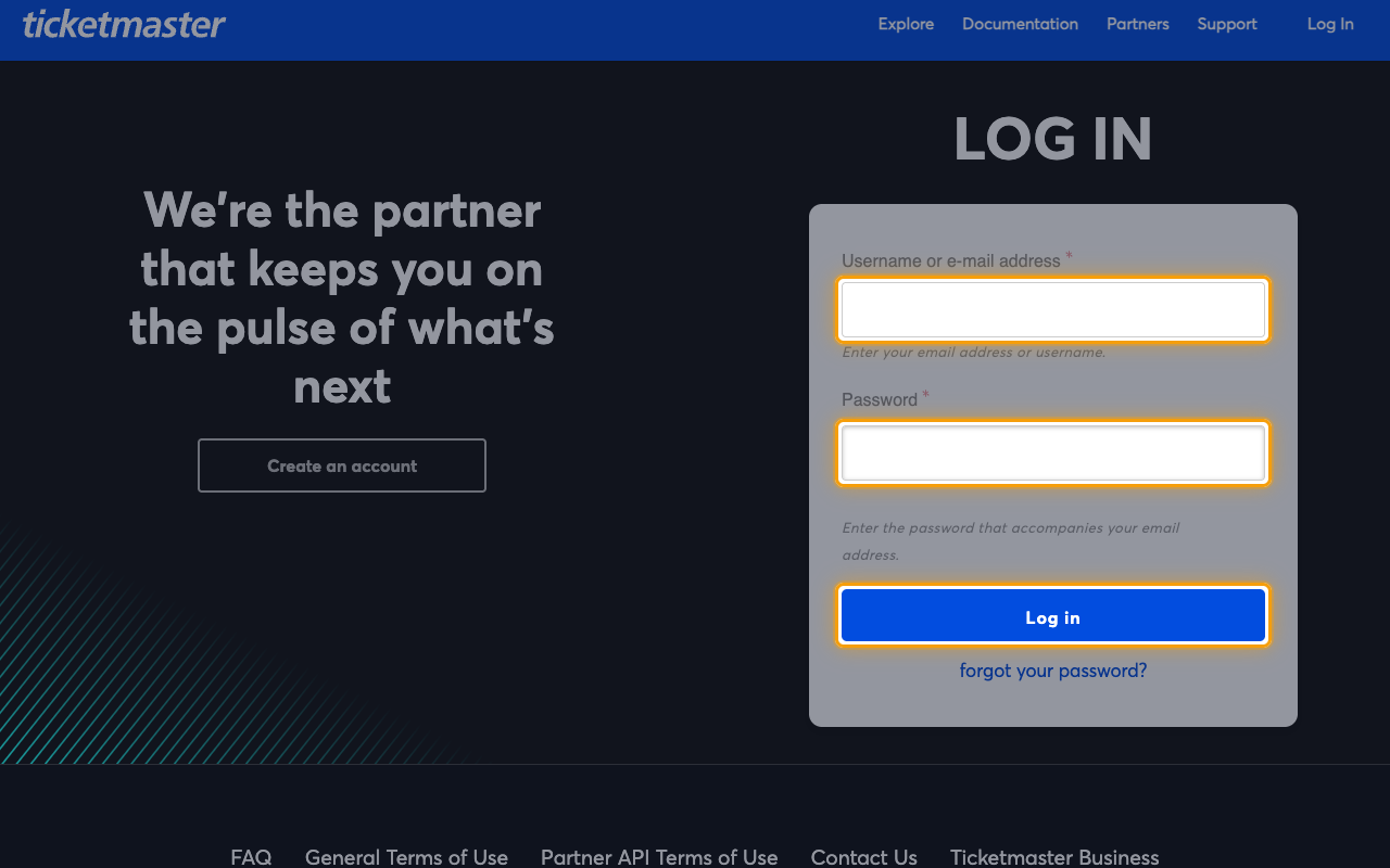 The Ticketmaster developer portal Log In page with the Username or e-mail address field, Password field and Log in button highlighted