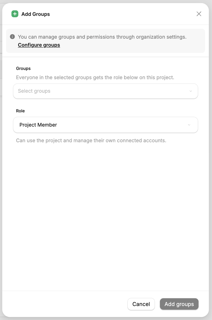 The Add Groups side panel on a project's Access view, with a Groups selector and a Role dropdown set to Project Member.