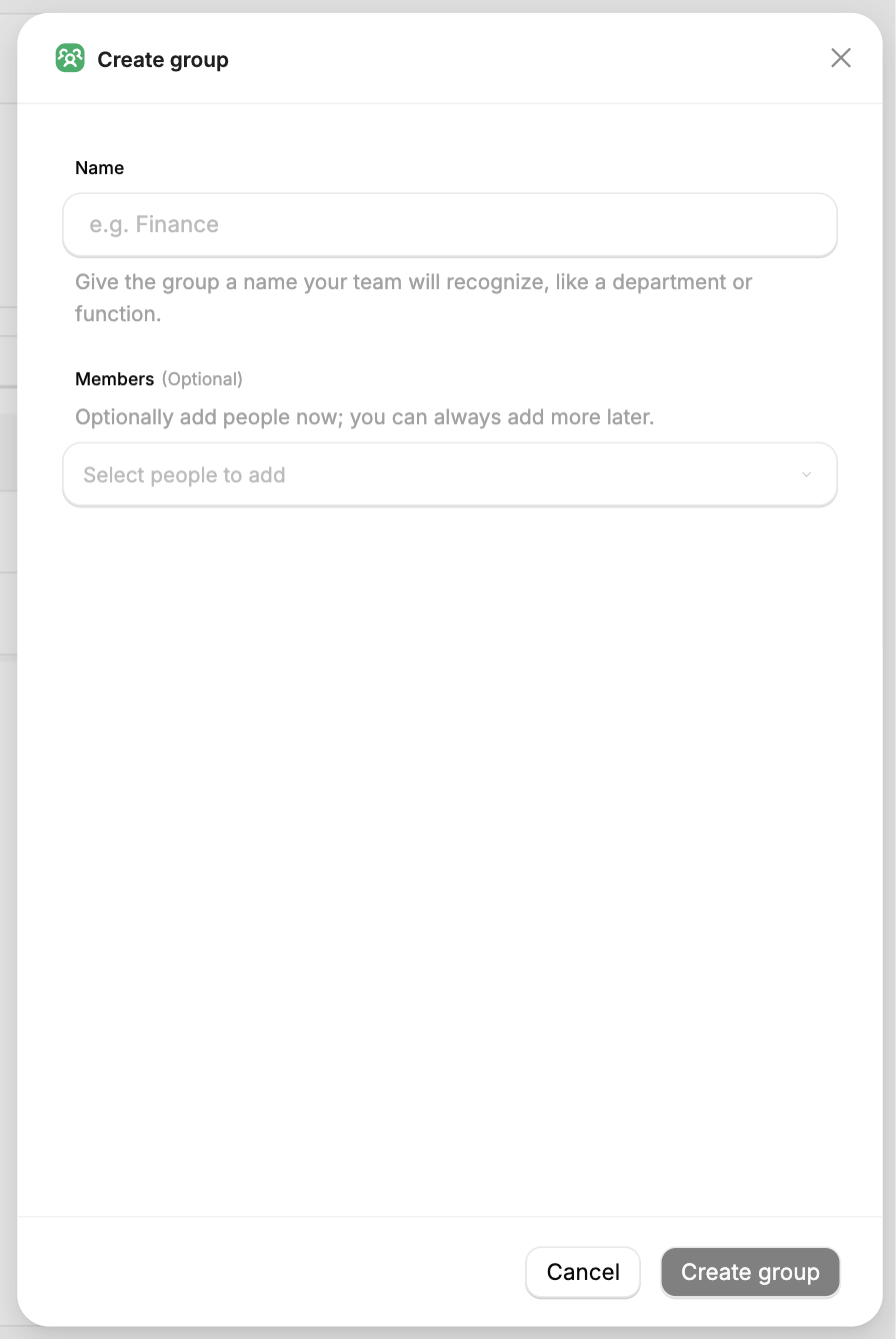 The Create group side panel with a required Name field and an optional Members selector.