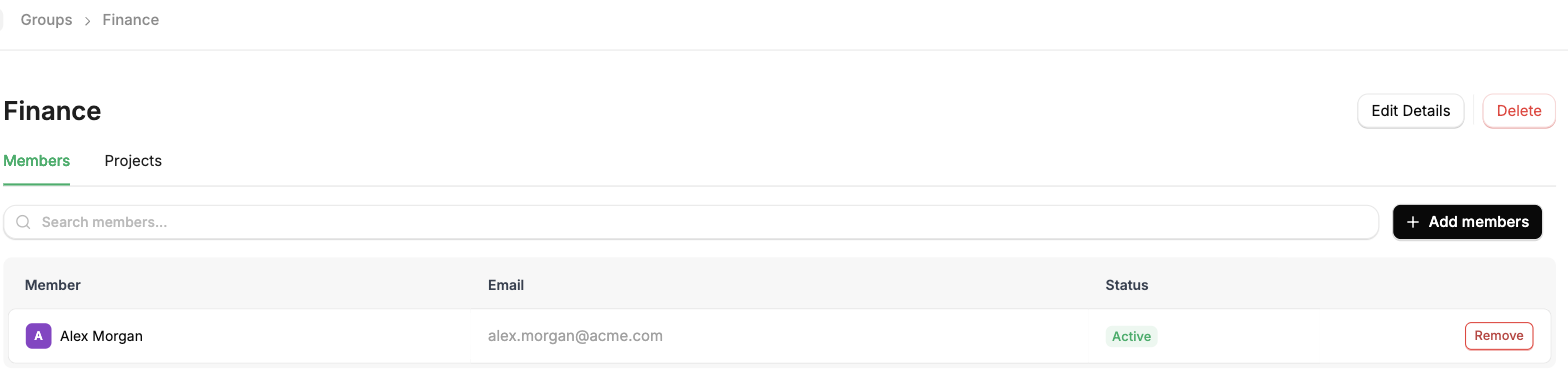 A group's Members tab listing its members, each with a Remove action, and an Add members button.
