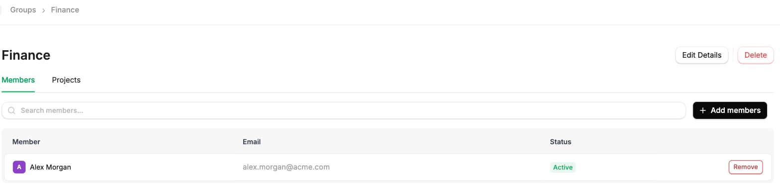 A group's Members tab listing its members, each with a Remove action, and an Add members button.