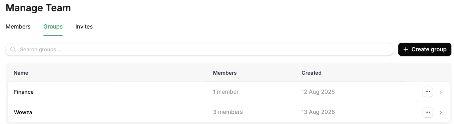 The Groups tab in Manage Team listing each group with its current member count.