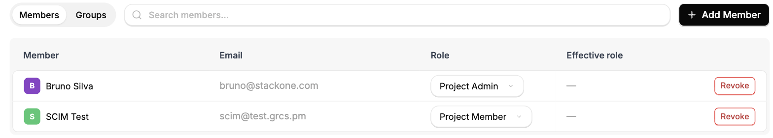Project Settings > Access, Members view, with Role and Effective role columns, the Effective role flags anyone whose role a group has raised.