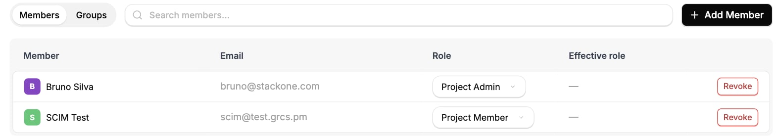 Project Settings > Access, Members view, with Role and Effective role columns, the Effective role flags anyone whose role a group has raised.