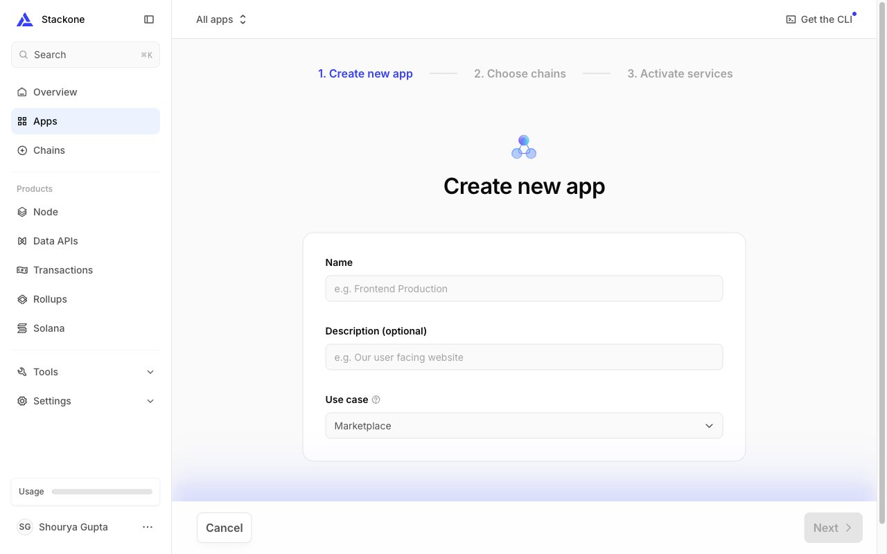 The Create new app form with Name, Description (optional) and Use case fields, and a Next button in the bottom-right.