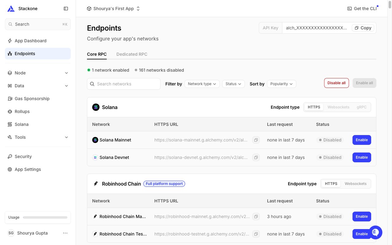 The Endpoints page showing the Core RPC tab with a Network column and an HTTPS URL column for each enabled chain.