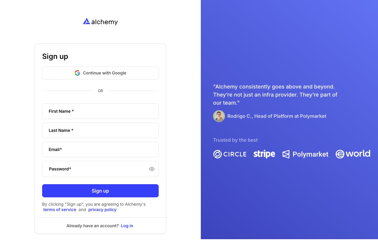 The Alchemy Sign up form with First Name, Last Name, Email, Password fields and a Continue with Google button.
