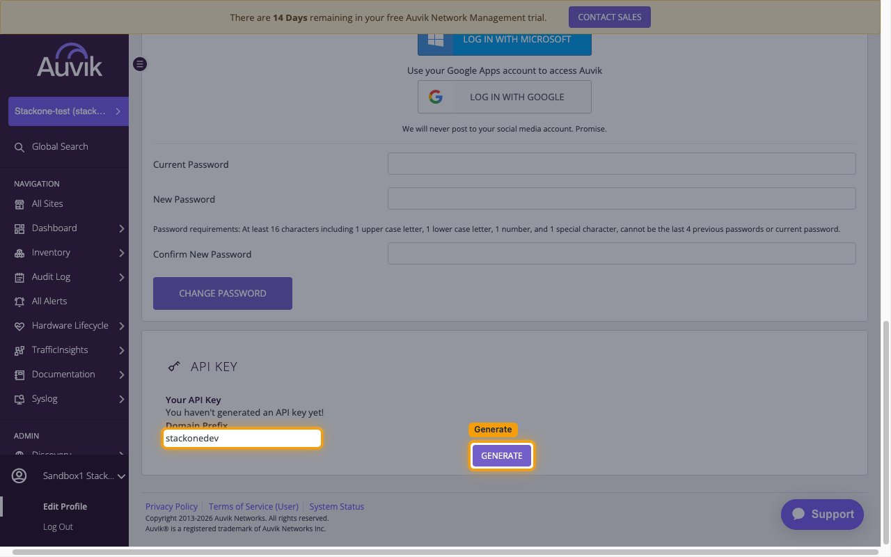 API Key section of the Auvik Profile page with the Domain Prefix value and the Generate button highlighted