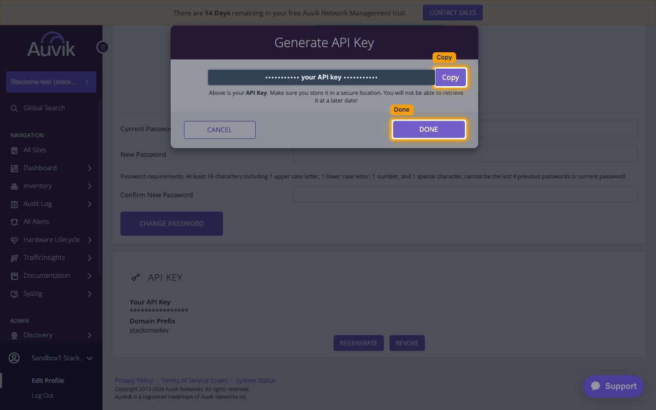 Generate API Key dialog with the masked key value, the Copy button, and the Done button highlighted