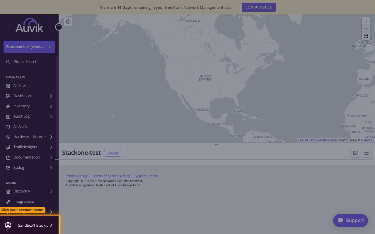Auvik dashboard with the account name at the bottom of the left navigation highlighted