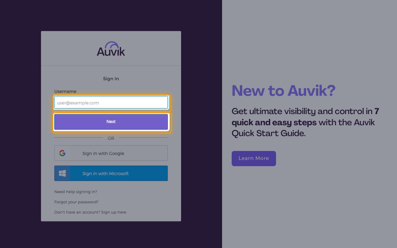 Auvik Sign In page with the Username field and the Next button highlighted