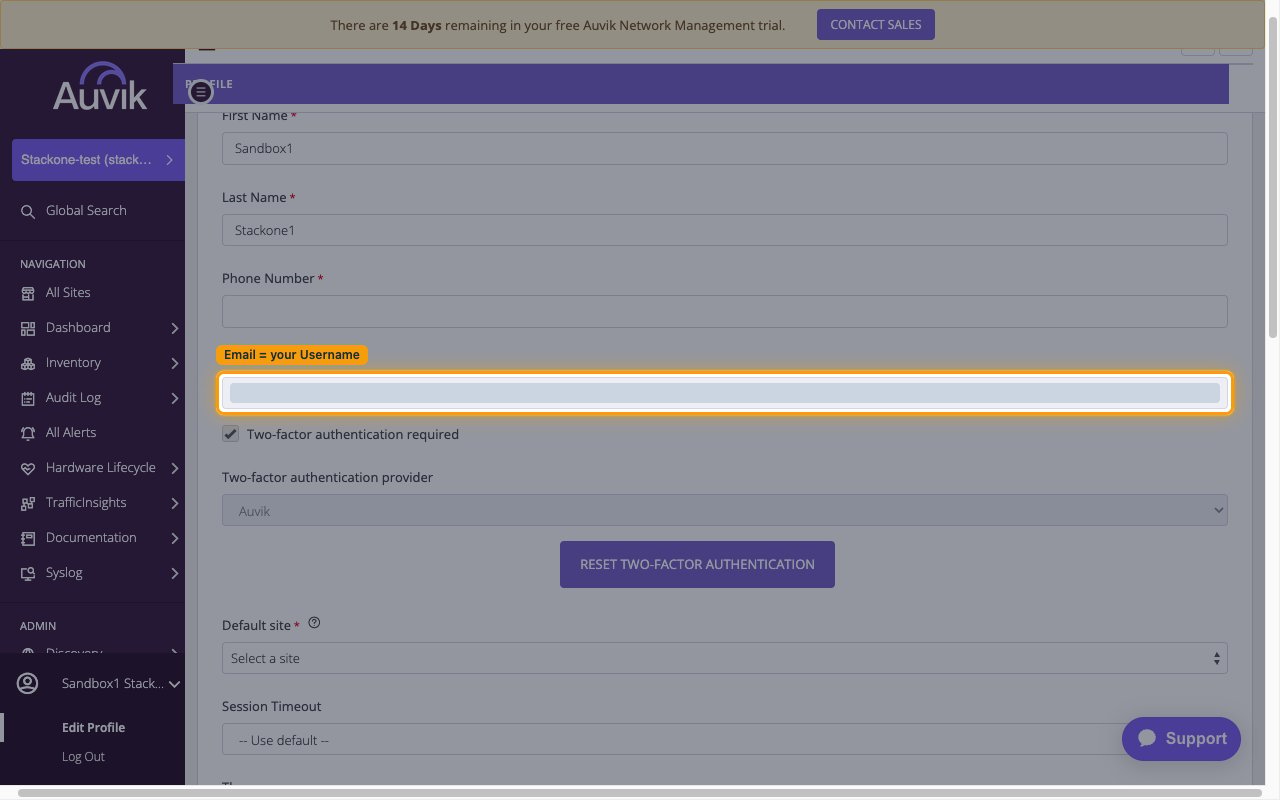 Auvik Profile page with the Email field highlighted