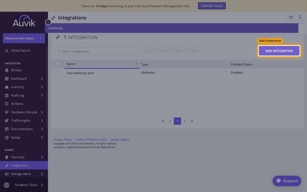 Auvik Integrations overview page with the ADD INTEGRATION button highlighted