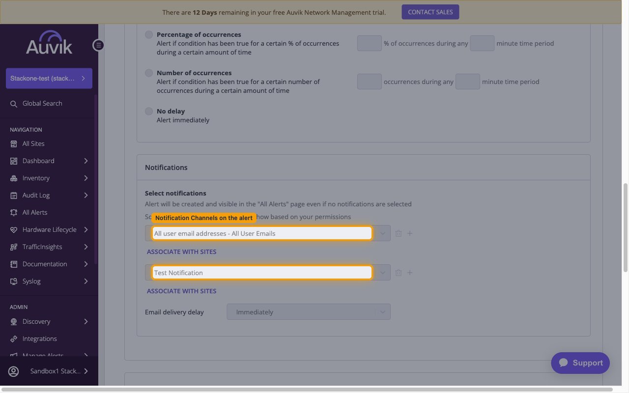 Notifications section of an alert definition showing two channel rows with the plus and delete icons and ASSOCIATE WITH SITES links