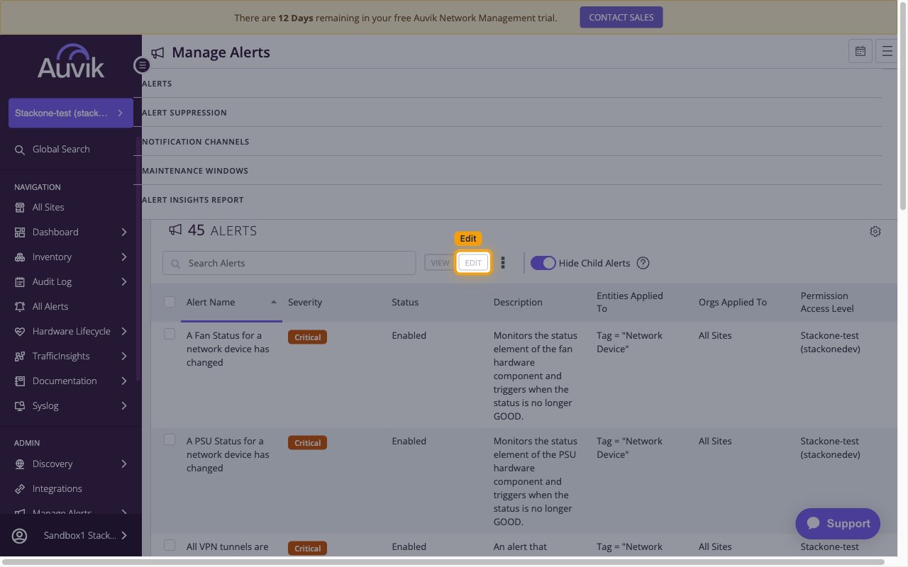 Manage Alerts list of alert definitions with the EDIT button highlighted