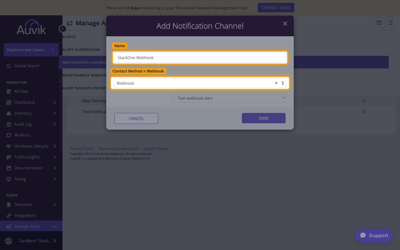 Add Notification Channel dialog with Name, Contact Method set to Webhook, and the webhook integration selected below