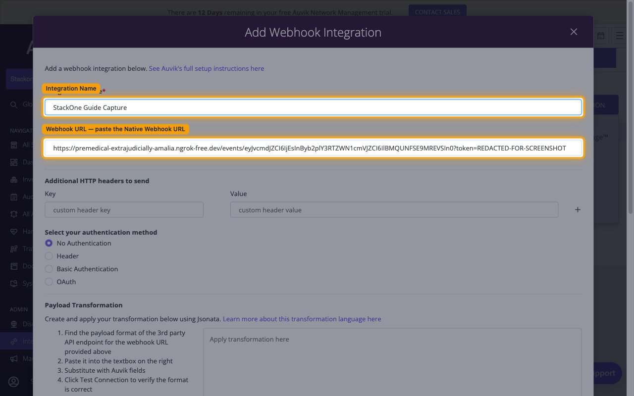 Add Webhook Integration form showing Integration Name and Webhook URL filled in, with the authentication and Payload Transformation sections below